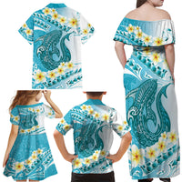 Turquoise Hawaii Shark Tattoo Family Matching Off Shoulder Maxi Dress and Hawaiian Shirt Frangipani With Polynesian Pastel Version LT14 - Polynesian Pride
