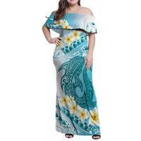 Turquoise Hawaii Shark Tattoo Family Matching Off Shoulder Maxi Dress and Hawaiian Shirt Frangipani With Polynesian Pastel Version LT14 Mom's Dress Turquoise - Polynesian Pride