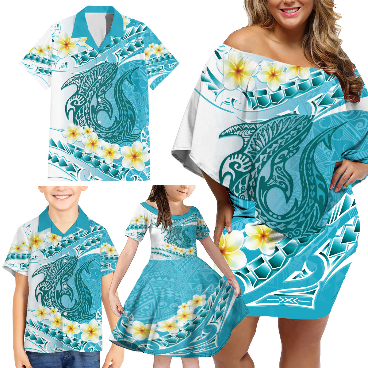 Turquoise Hawaii Shark Tattoo Family Matching Off Shoulder Short Dress and Hawaiian Shirt Frangipani With Polynesian Pastel Version LT14 - Polynesian Pride