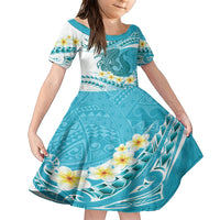 Turquoise Hawaii Shark Tattoo Family Matching Short Sleeve Bodycon Dress and Hawaiian Shirt Frangipani With Polynesian Pastel Version LT14 Daughter's Dress Turquoise - Polynesian Pride