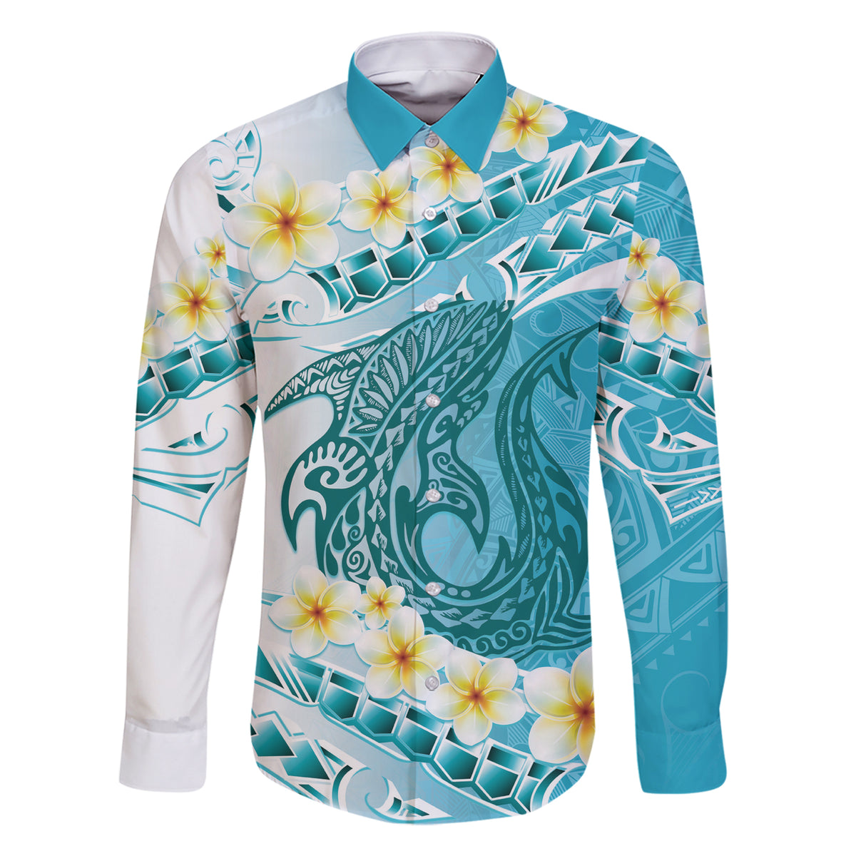 Turquoise Hawaii Shark Tattoo Family Matching Short Sleeve Bodycon Dress and Hawaiian Shirt Frangipani With Polynesian Pastel Version LT14 Dad's Shirt - Long Sleeve Turquoise - Polynesian Pride
