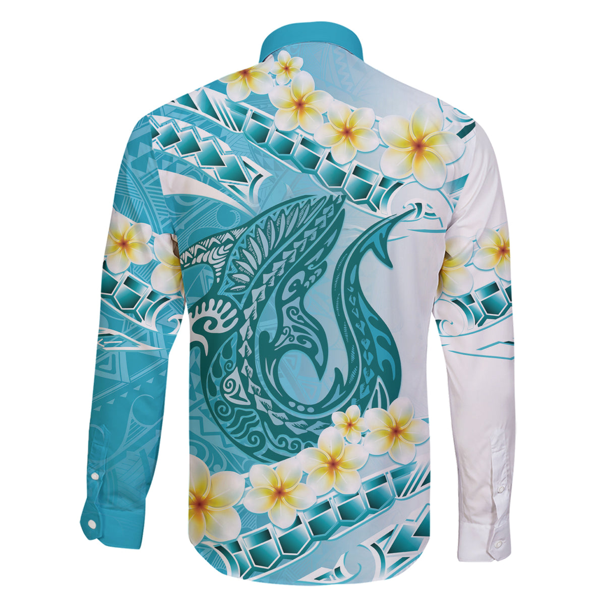 Turquoise Hawaii Shark Tattoo Family Matching Short Sleeve Bodycon Dress and Hawaiian Shirt Frangipani With Polynesian Pastel Version LT14 - Polynesian Pride