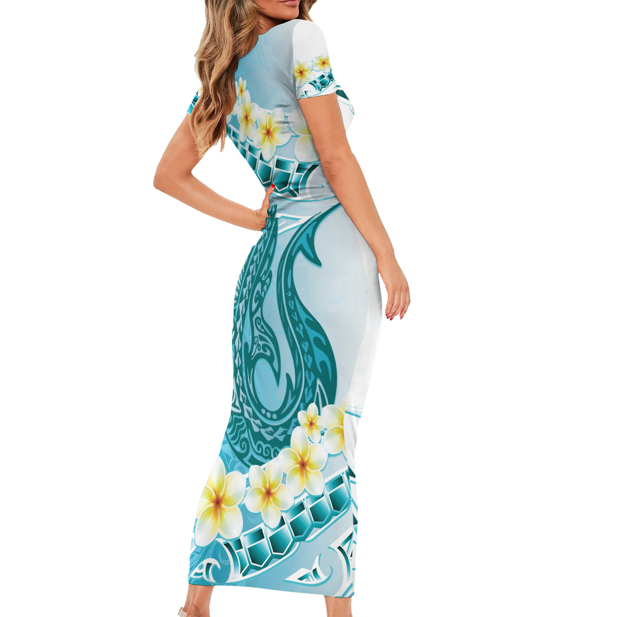 Turquoise Hawaii Shark Tattoo Family Matching Short Sleeve Bodycon Dress and Hawaiian Shirt Frangipani With Polynesian Pastel Version LT14 - Polynesian Pride