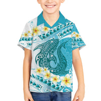 Turquoise Hawaii Shark Tattoo Family Matching Short Sleeve Bodycon Dress and Hawaiian Shirt Frangipani With Polynesian Pastel Version LT14 Son's Shirt Turquoise - Polynesian Pride
