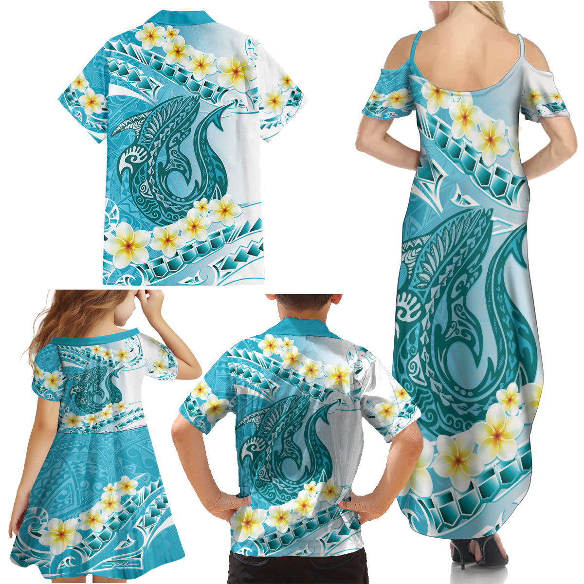 Turquoise Hawaii Shark Tattoo Family Matching Summer Maxi Dress and Hawaiian Shirt Frangipani With Polynesian Pastel Version LT14 - Polynesian Pride