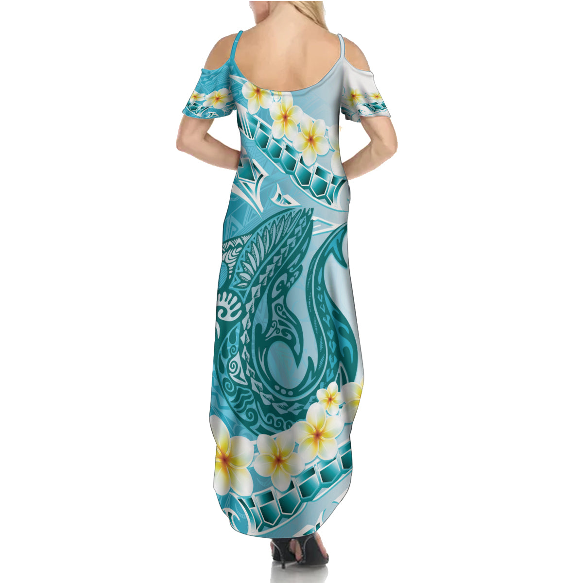 Turquoise Hawaii Shark Tattoo Family Matching Summer Maxi Dress and Hawaiian Shirt Frangipani With Polynesian Pastel Version LT14 - Polynesian Pride