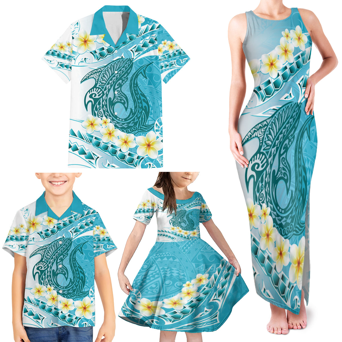Turquoise Hawaii Shark Tattoo Family Matching Tank Maxi Dress and Hawaiian Shirt Frangipani With Polynesian Pastel Version LT14 - Polynesian Pride