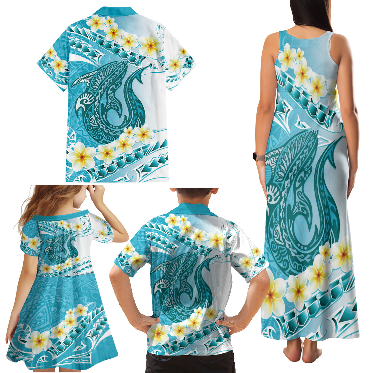 Turquoise Hawaii Shark Tattoo Family Matching Tank Maxi Dress and Hawaiian Shirt Frangipani With Polynesian Pastel Version LT14 - Polynesian Pride