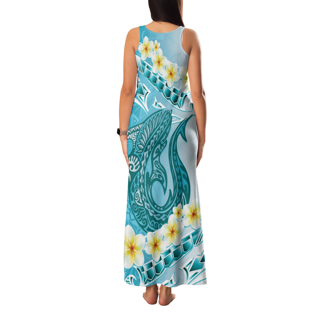 Turquoise Hawaii Shark Tattoo Family Matching Tank Maxi Dress and Hawaiian Shirt Frangipani With Polynesian Pastel Version LT14 - Polynesian Pride