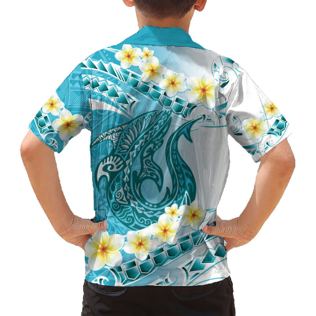 Turquoise Hawaii Shark Tattoo Kid Hawaiian Shirt Frangipani With Polynesian Pastel Version
