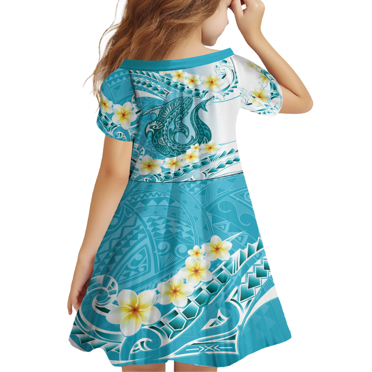 Turquoise Hawaii Shark Tattoo Kid Short Sleeve Dress Frangipani With Polynesian Pastel Version