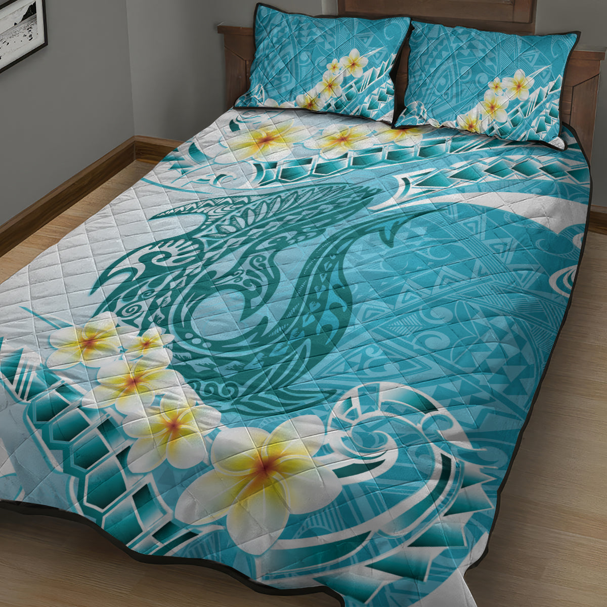 Turquoise Hawaii Shark Tattoo Quilt Bed Set Frangipani With Polynesian Pastel Version