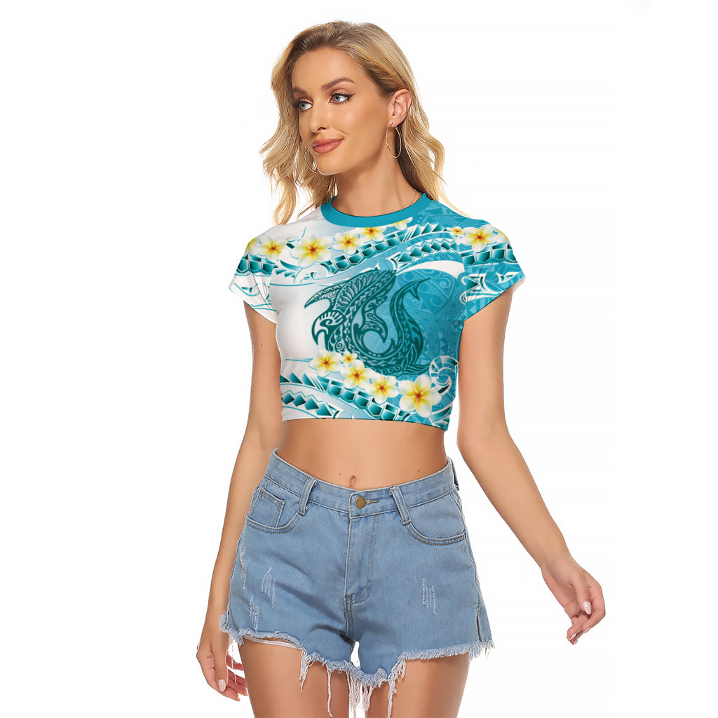 Turquoise Hawaii Shark Tattoo Raglan Cropped T Shirt Frangipani With Polynesian Pastel Version