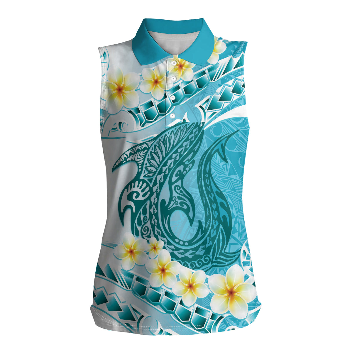 Turquoise Hawaii Shark Tattoo Women Sleeveless Polo Shirt Frangipani With Polynesian Pastel Version
