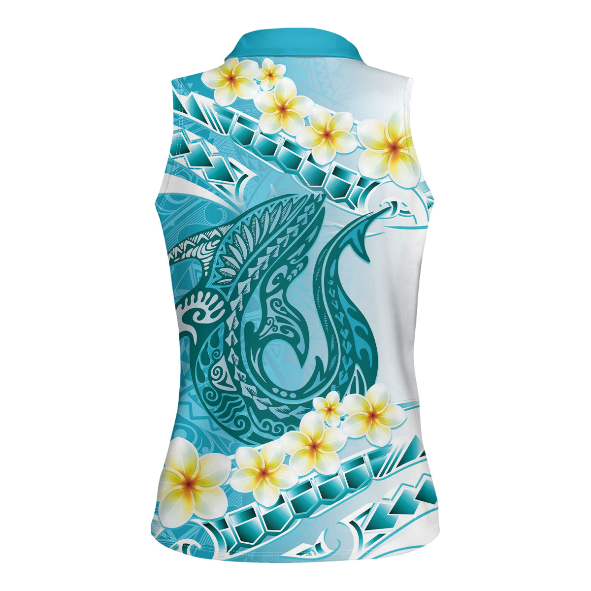 Turquoise Hawaii Shark Tattoo Women Sleeveless Polo Shirt Frangipani With Polynesian Pastel Version