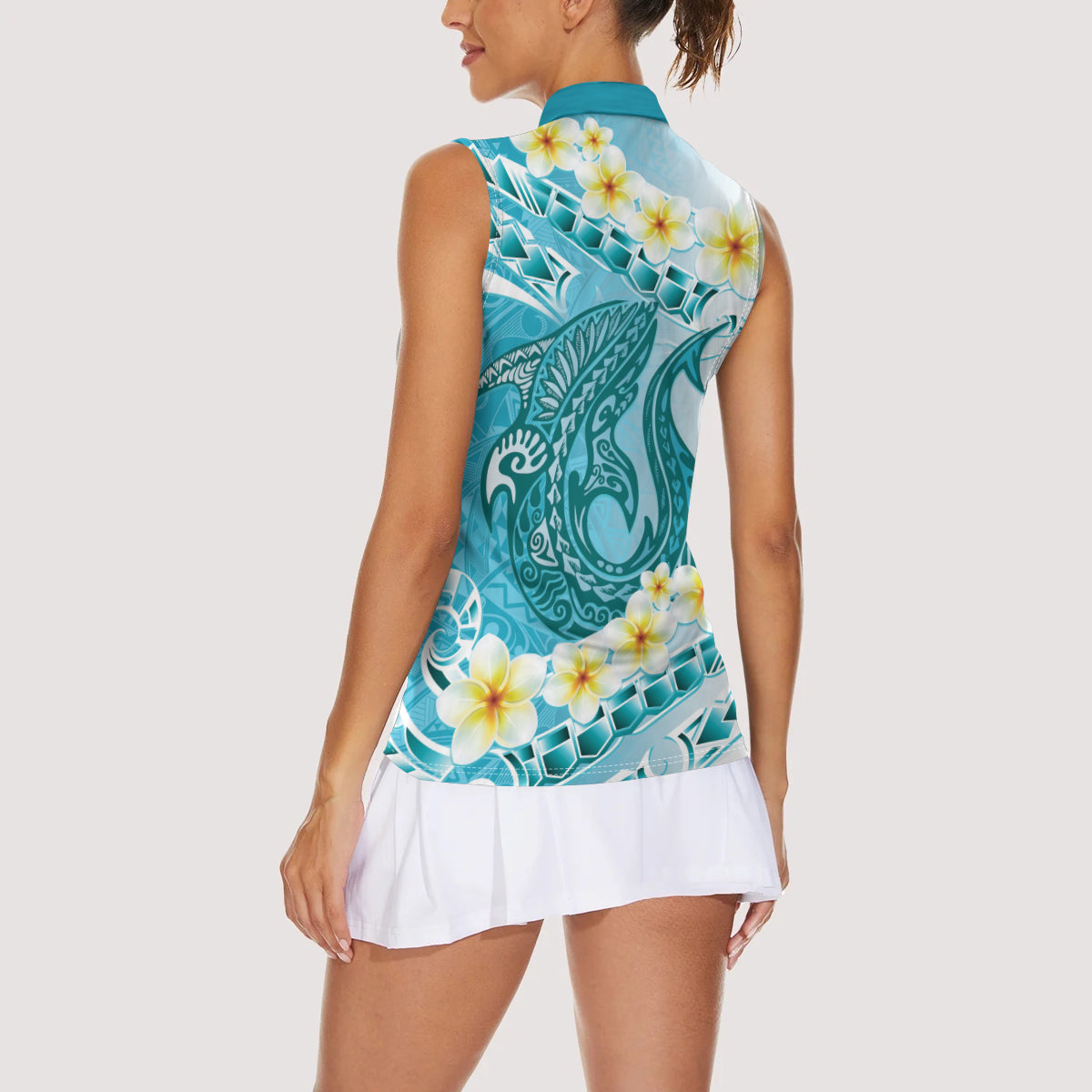 Turquoise Hawaii Shark Tattoo Women Sleeveless Polo Shirt Frangipani With Polynesian Pastel Version