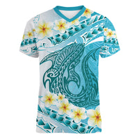 Turquoise Hawaii Shark Tattoo Women V-Neck T-Shirt Frangipani With Polynesian Pastel Version