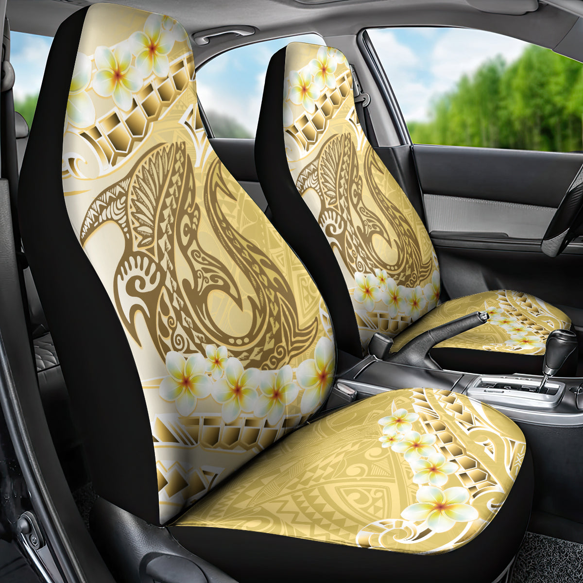 Gold Hawaii Shark Tattoo Car Seat Cover Frangipani With Polynesian Pastel Version LT14 - Polynesian Pride