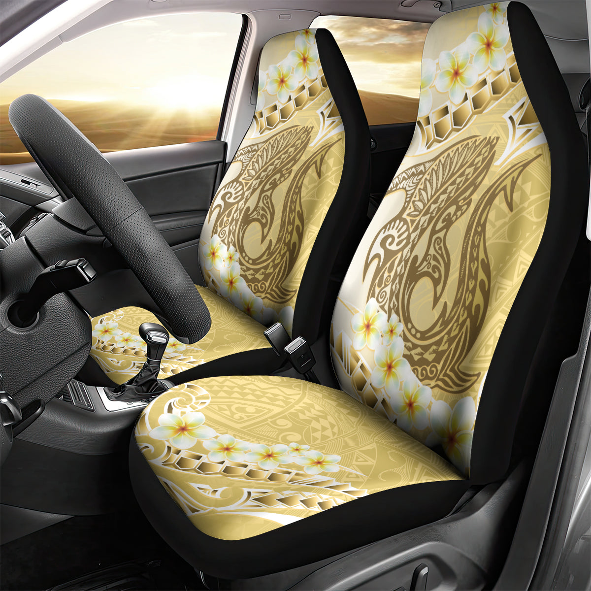 Gold Hawaii Shark Tattoo Car Seat Cover Frangipani With Polynesian Pastel Version LT14 - Polynesian Pride