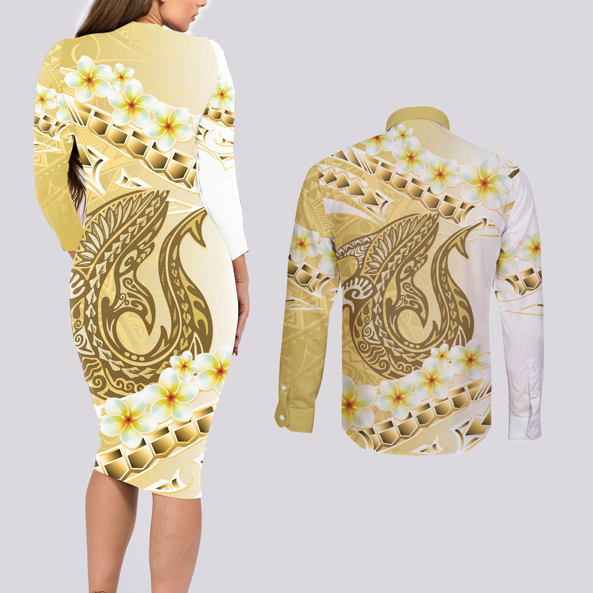 Gold Hawaii Shark Tattoo Couples Matching Long Sleeve Bodycon Dress and Long Sleeve Button Shirt Frangipani With Polynesian Pastel Version