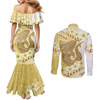 Gold Hawaii Shark Tattoo Couples Matching Mermaid Dress and Long Sleeve Button Shirt Frangipani With Polynesian Pastel Version