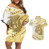 Gold Hawaii Shark Tattoo Couples Matching Off Shoulder Short Dress and Hawaiian Shirt Frangipani With Polynesian Pastel Version