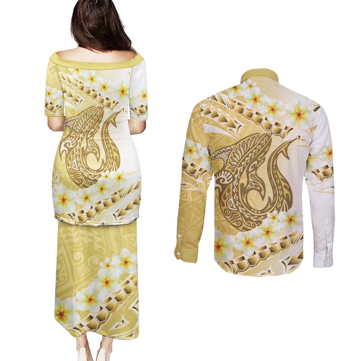 Gold Hawaii Shark Tattoo Couples Matching Puletasi and Long Sleeve Button Shirt Frangipani With Polynesian Pastel Version