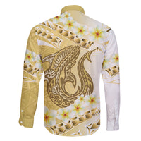 Gold Hawaii Shark Tattoo Family Matching Long Sleeve Bodycon Dress and Hawaiian Shirt Frangipani With Polynesian Pastel Version LT14 - Polynesian Pride