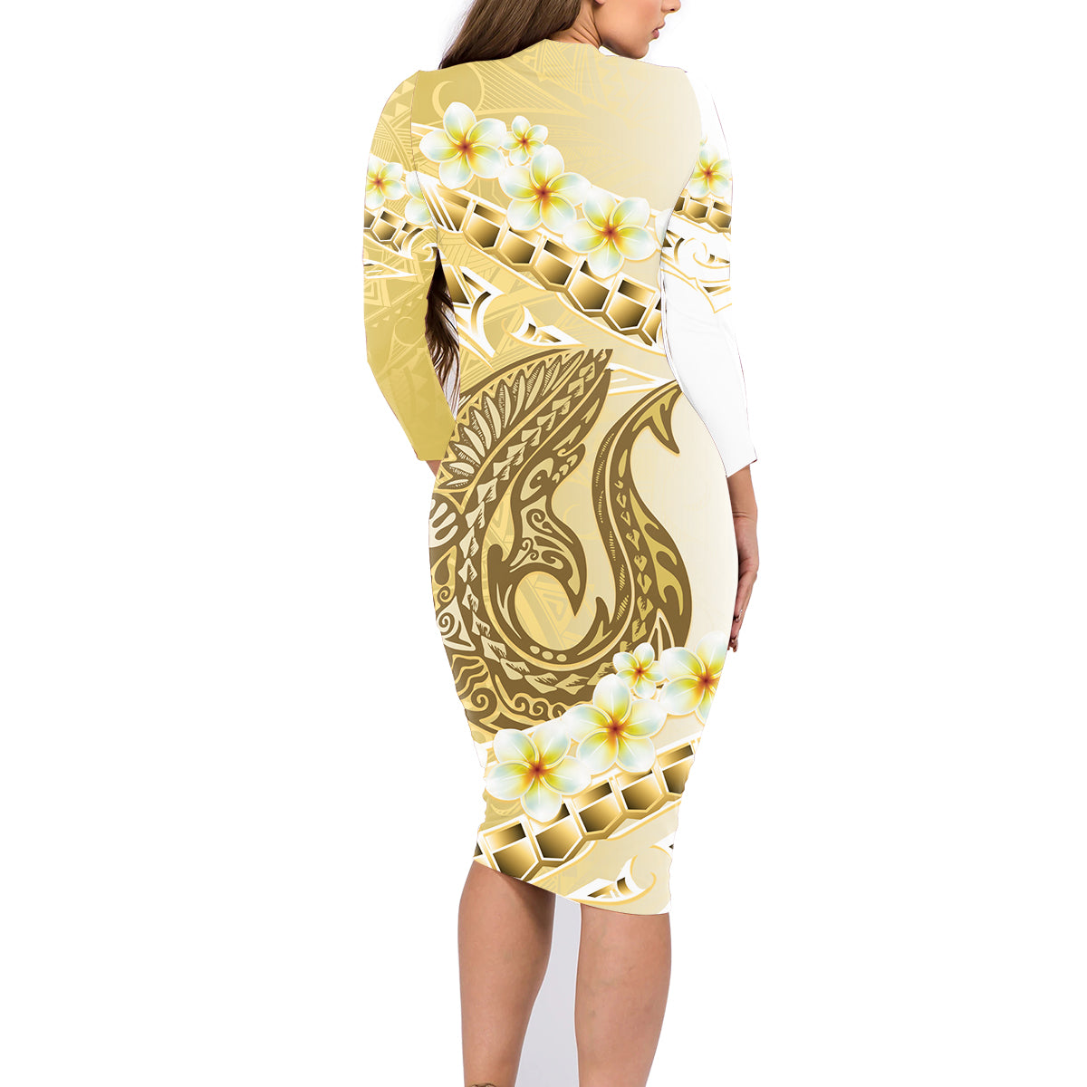 Gold Hawaii Shark Tattoo Family Matching Long Sleeve Bodycon Dress and Hawaiian Shirt Frangipani With Polynesian Pastel Version LT14 - Polynesian Pride