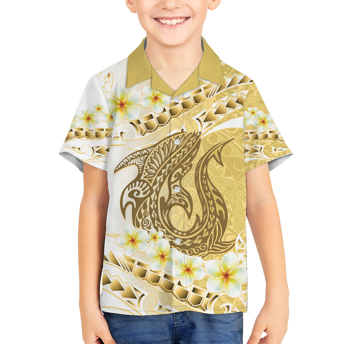 Gold Hawaii Shark Tattoo Family Matching Long Sleeve Bodycon Dress and Hawaiian Shirt Frangipani With Polynesian Pastel Version LT14 Son's Shirt Gold - Polynesian Pride