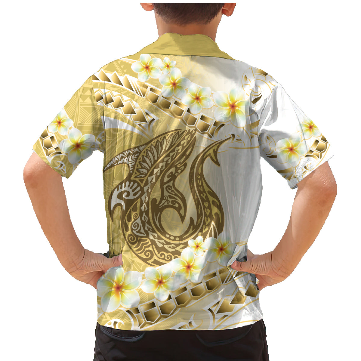 Gold Hawaii Shark Tattoo Family Matching Mermaid Dress and Hawaiian Shirt Frangipani With Polynesian Pastel Version LT14 - Polynesian Pride