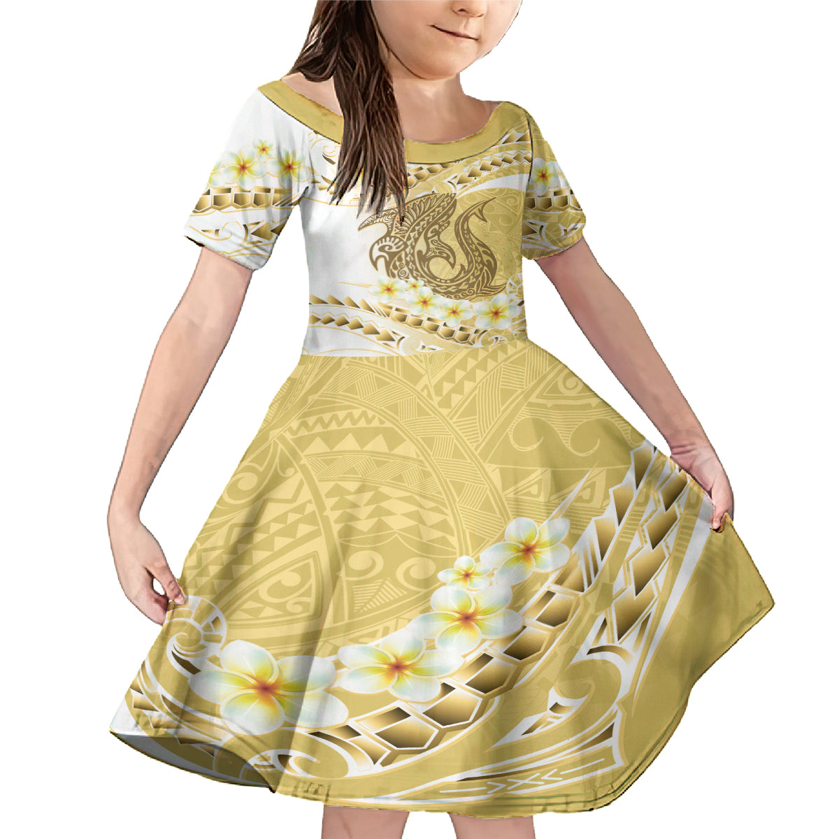 Gold Hawaii Shark Tattoo Family Matching Mermaid Dress and Hawaiian Shirt Frangipani With Polynesian Pastel Version LT14 Daughter's Dress Gold - Polynesian Pride