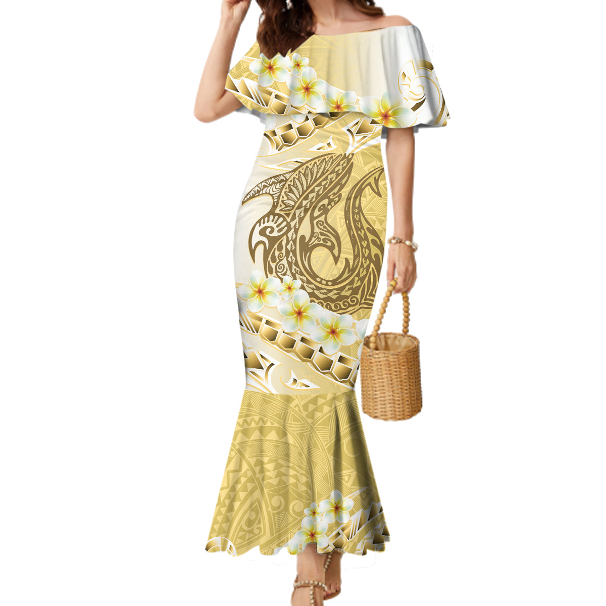 Gold Hawaii Shark Tattoo Family Matching Mermaid Dress and Hawaiian Shirt Frangipani With Polynesian Pastel Version LT14 Mom's Dress Gold - Polynesian Pride