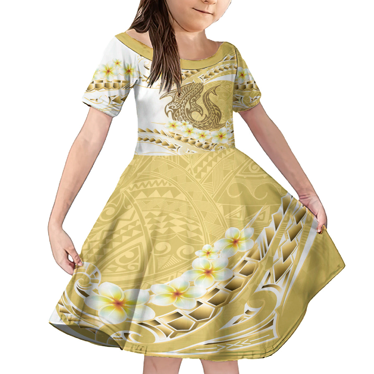 Gold Hawaii Shark Tattoo Family Matching Off The Shoulder Long Sleeve Dress and Hawaiian Shirt Frangipani With Polynesian Pastel Version LT14 Daughter's Dress Gold - Polynesian Pride