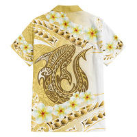 Gold Hawaii Shark Tattoo Family Matching Off The Shoulder Long Sleeve Dress and Hawaiian Shirt Frangipani With Polynesian Pastel Version LT14 - Polynesian Pride