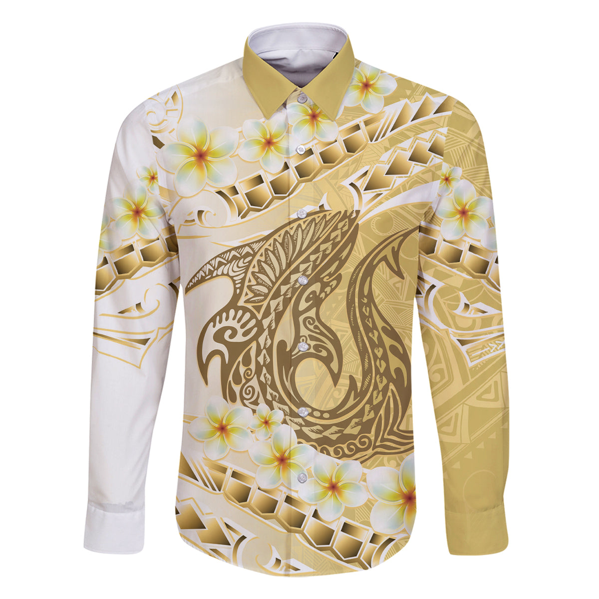 Gold Hawaii Shark Tattoo Family Matching Off The Shoulder Long Sleeve Dress and Hawaiian Shirt Frangipani With Polynesian Pastel Version LT14 Dad's Shirt - Long Sleeve Gold - Polynesian Pride