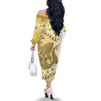 Gold Hawaii Shark Tattoo Family Matching Off The Shoulder Long Sleeve Dress and Hawaiian Shirt Frangipani With Polynesian Pastel Version LT14 - Polynesian Pride