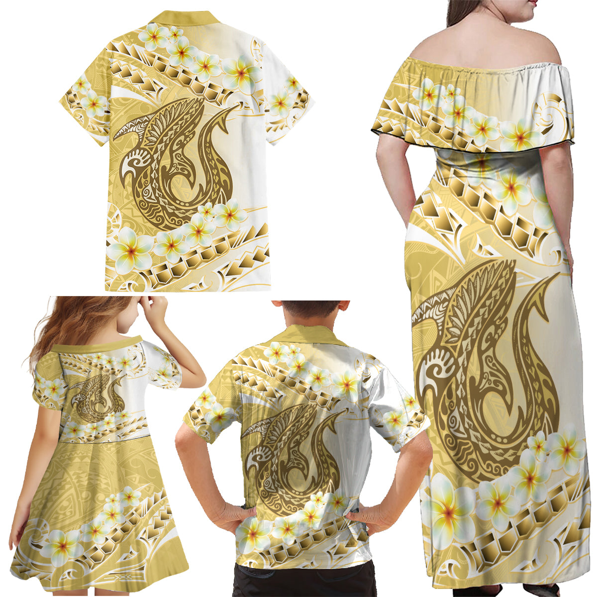 Gold Hawaii Shark Tattoo Family Matching Off Shoulder Maxi Dress and Hawaiian Shirt Frangipani With Polynesian Pastel Version LT14 - Polynesian Pride