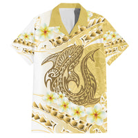 Gold Hawaii Shark Tattoo Family Matching Off Shoulder Maxi Dress and Hawaiian Shirt Frangipani With Polynesian Pastel Version LT14 Dad's Shirt - Short Sleeve Gold - Polynesian Pride