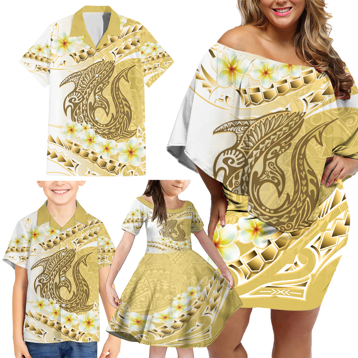 Gold Hawaii Shark Tattoo Family Matching Off Shoulder Short Dress and Hawaiian Shirt Frangipani With Polynesian Pastel Version LT14 - Polynesian Pride