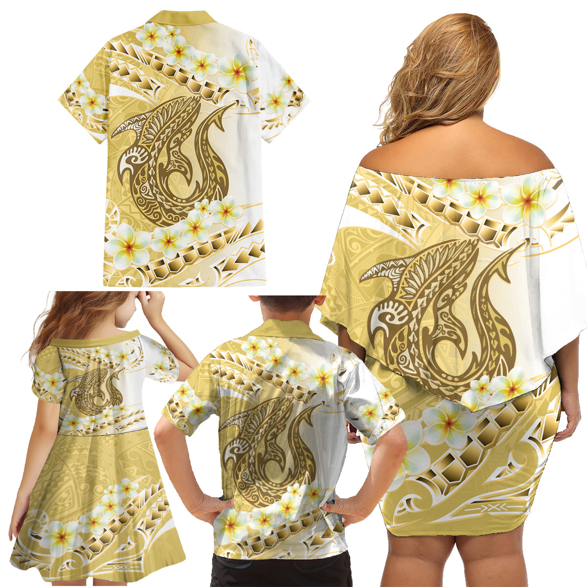 Gold Hawaii Shark Tattoo Family Matching Off Shoulder Short Dress and Hawaiian Shirt Frangipani With Polynesian Pastel Version LT14 - Polynesian Pride