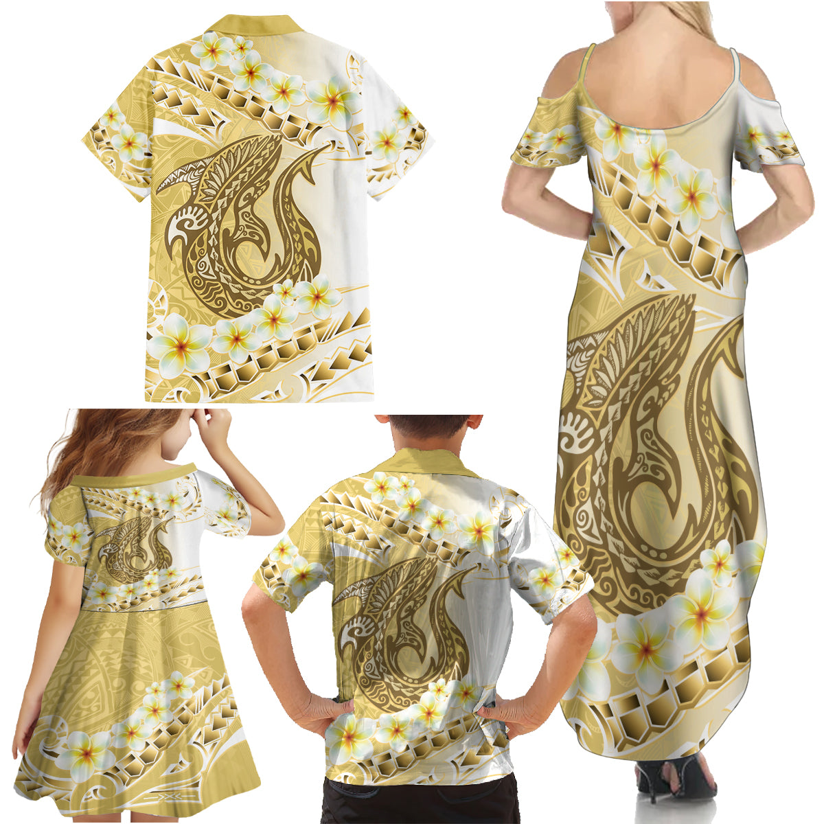 Gold Hawaii Shark Tattoo Family Matching Summer Maxi Dress and Hawaiian Shirt Frangipani With Polynesian Pastel Version LT14 - Polynesian Pride