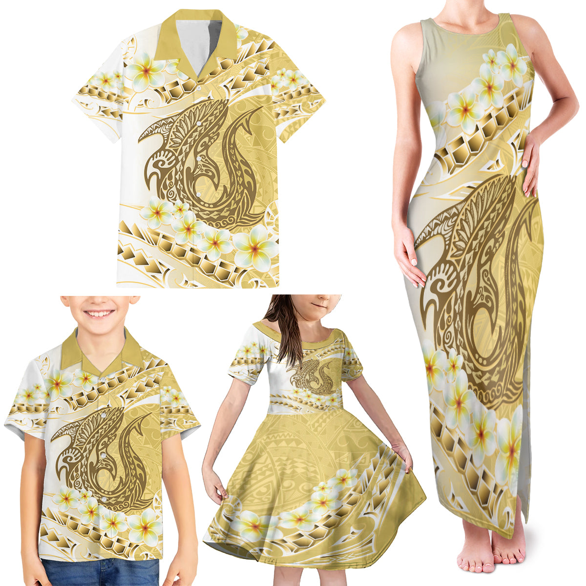 Gold Hawaii Shark Tattoo Family Matching Tank Maxi Dress and Hawaiian Shirt Frangipani With Polynesian Pastel Version LT14 - Polynesian Pride