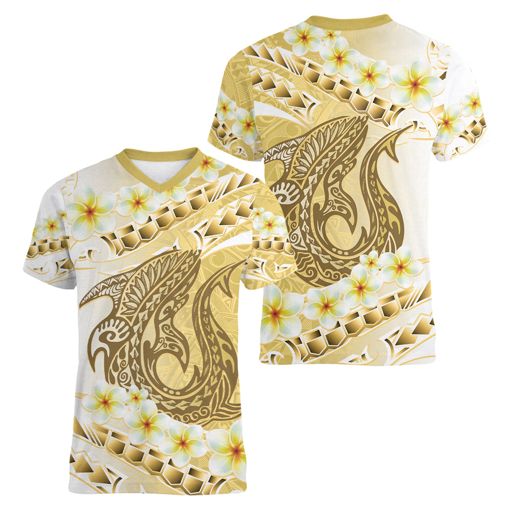 Gold Hawaii Shark Tattoo Women V-Neck T-Shirt Frangipani With Polynesian Pastel Version