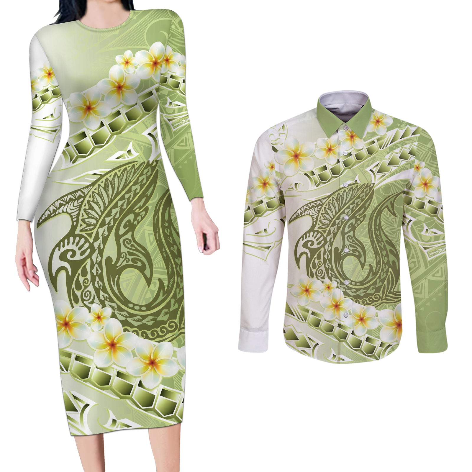 Green Hawaii Shark Tattoo Couples Matching Long Sleeve Bodycon Dress and Long Sleeve Button Shirt Frangipani With Polynesian Pastel Version
