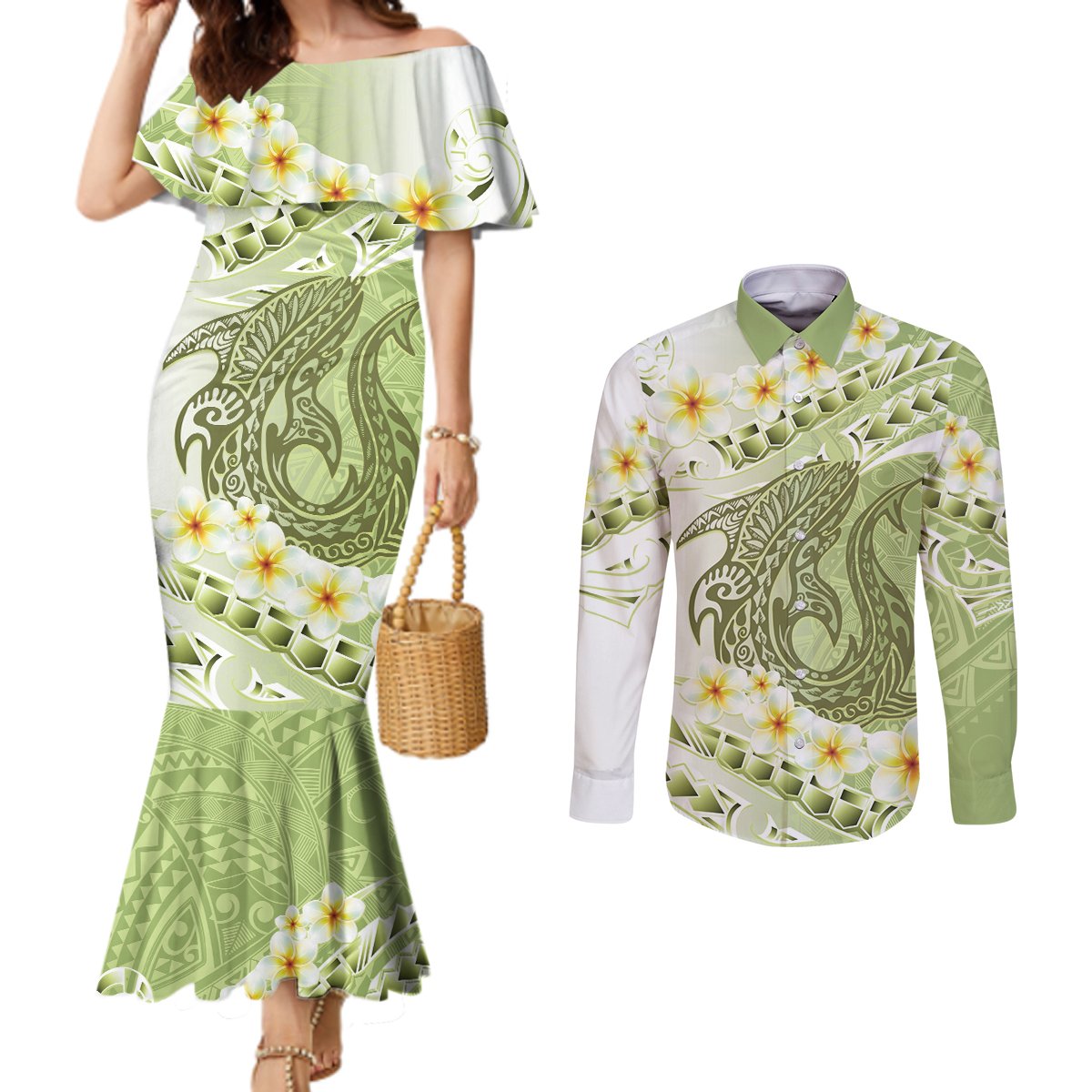 Green Hawaii Shark Tattoo Couples Matching Mermaid Dress and Long Sleeve Button Shirt Frangipani With Polynesian Pastel Version