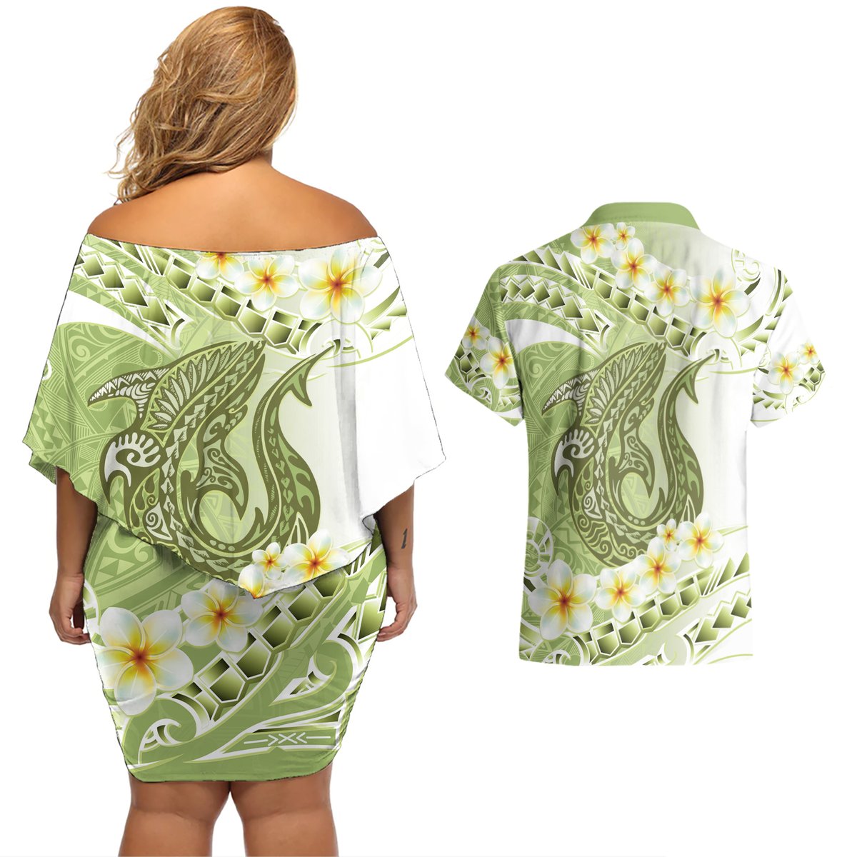 Green Hawaii Shark Tattoo Couples Matching Off Shoulder Short Dress and Hawaiian Shirt Frangipani With Polynesian Pastel Version