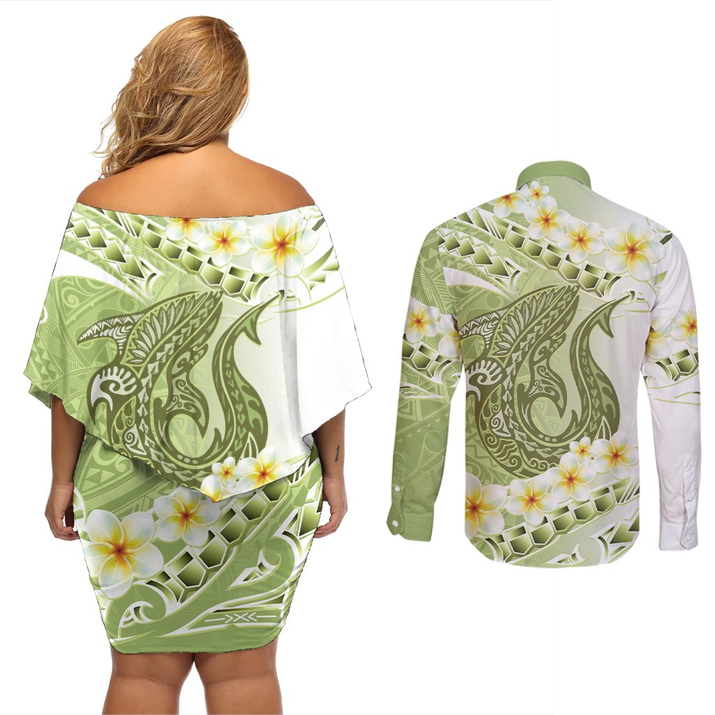 Green Hawaii Shark Tattoo Couples Matching Off Shoulder Short Dress and Long Sleeve Button Shirt Frangipani With Polynesian Pastel Version
