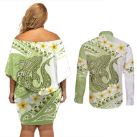 Green Hawaii Shark Tattoo Couples Matching Off Shoulder Short Dress and Long Sleeve Button Shirt Frangipani With Polynesian Pastel Version