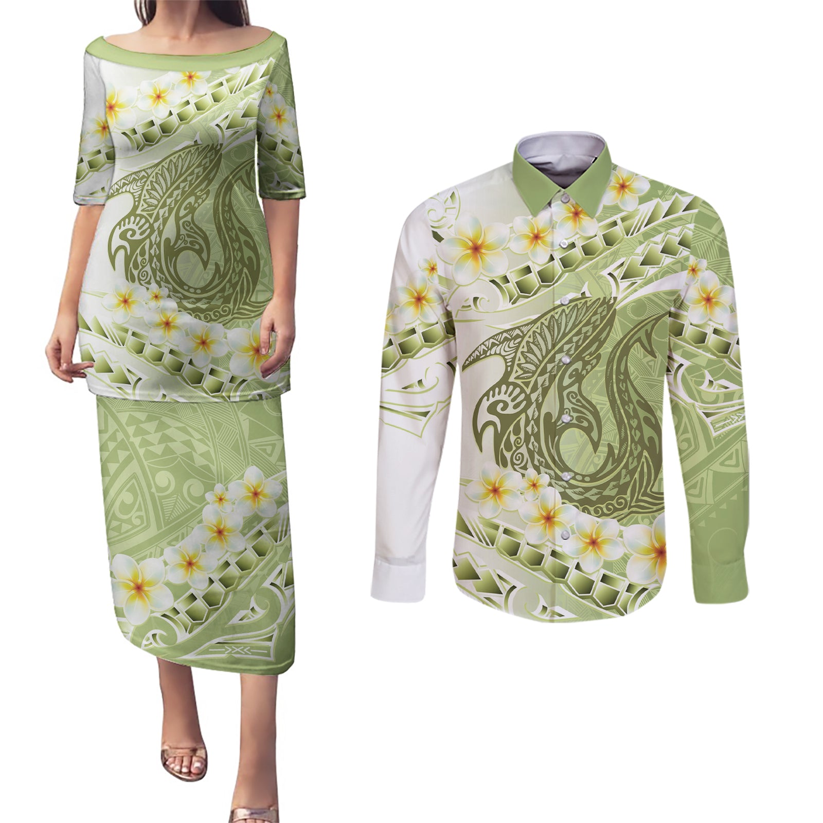 Green Hawaii Shark Tattoo Couples Matching Puletasi and Long Sleeve Button Shirt Frangipani With Polynesian Pastel Version